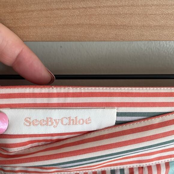 SEE BY CHLOÉ Neo Janis Striped Cotton Poplin Frill Shorts Red Multicolored - Picture 11 of 16